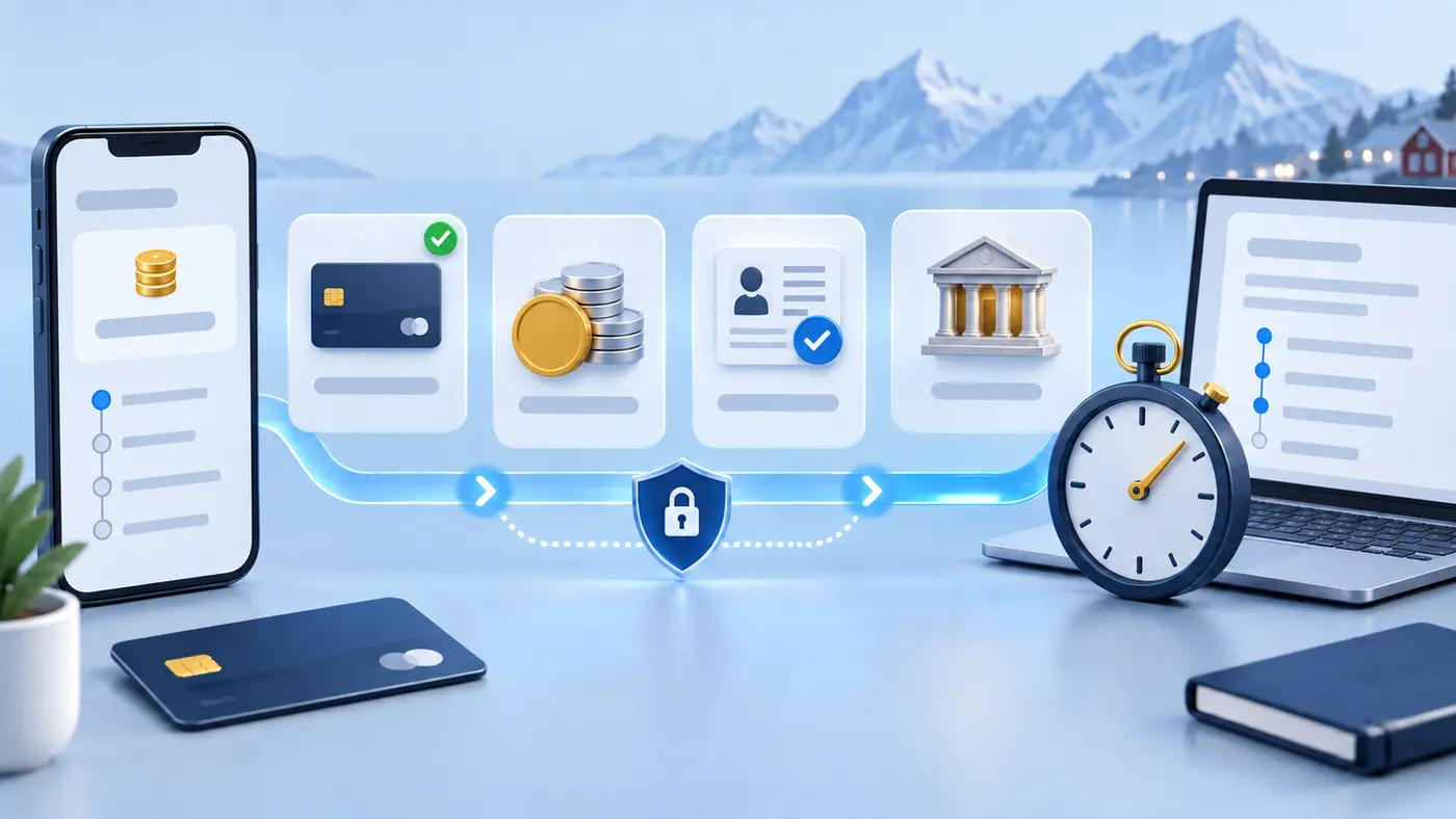 Illustrasjon av betaling, valutaveksling, KYC og bankbehandling ved casinouttak